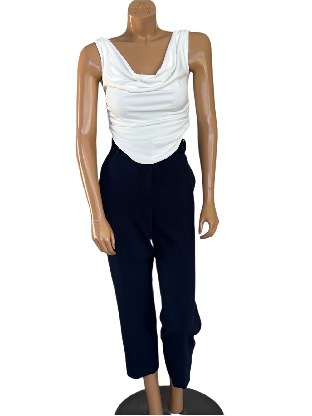 Babaton Navy Cropped High-Rise Pants with White Draped Top
